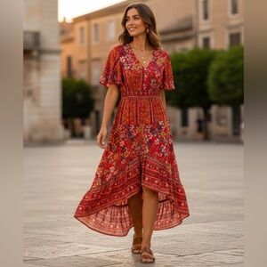 Red Floral Hi-Lo Maxi Dress XL Boho Wedding Guest Cottagecore Asymmetrical Tier